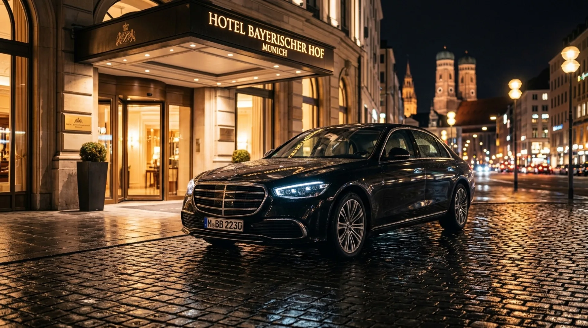 Mercedes S-Class at Hotel Bayerischer Hof Munich by night