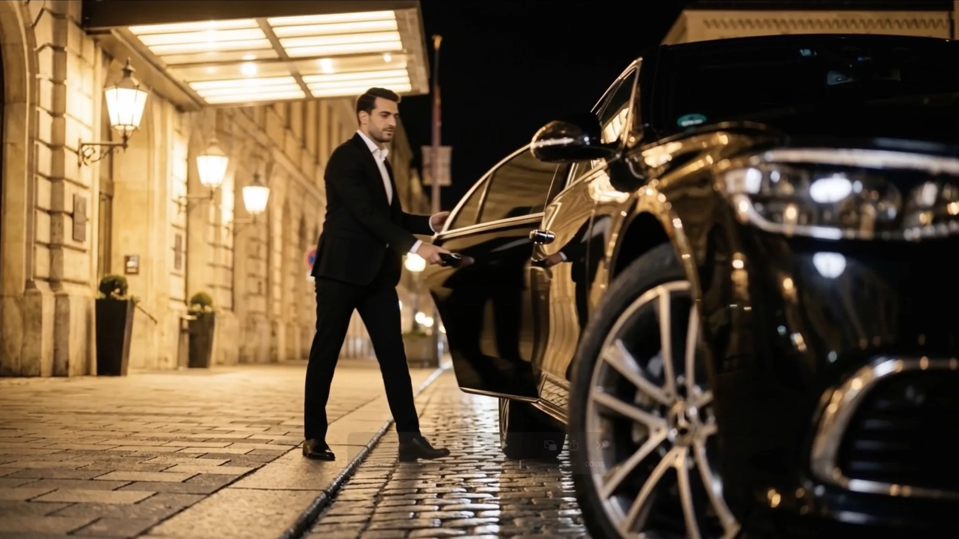 Chauffeur opens the door of the S-Class